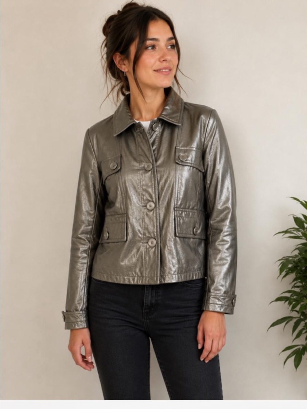 Bernardo Metallic Silver/Bronze Button-Front Leather Jacket